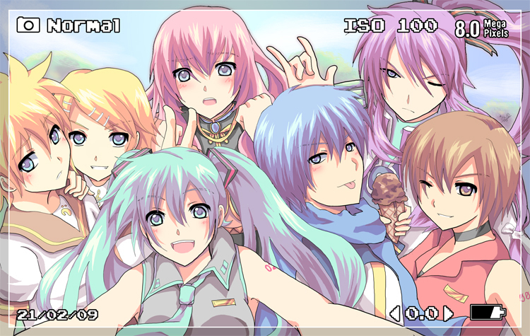 akayashi, hatsune miku, kagamine len, kagamine rin, kaito (vocaloid), kamui gakupo, megurine luka, meiko (vocaloid), vocaloid, photo (medium), 3boys, 3girls, blush, everyone, family, food, ice cream, multiple boys, multiple girls, one eye closed, photo (object), smile