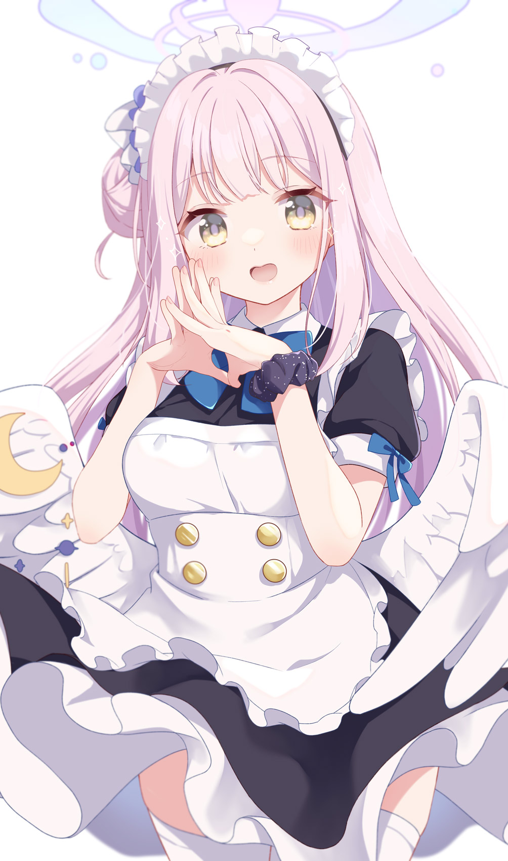 gomano rio, mika (blue archive), blue archive, hashtag-only commentary, highres, 1girl, :d, alternate costume, angel wings, apron, black dress, black scrunchie, blue bow, blue bowtie, blush, bow, bowtie, cowboy shot, crescent, dress, enmaided, feathered wings, frilled apron, frills, gradient halo, hair bun, halo, hands up, long hair, looking at viewer, low wings, maid, maid apron, maid day, maid headdress, multicolored halo, open mouth, pink hair, pink halo, scrunchie, short sleeves, simple background, single side bun, smile, solo, steepled fingers, thighhighs, white apron, white background, white thighhighs, white wings, wing ornament, wings, wrist scrunchie, yellow eyes