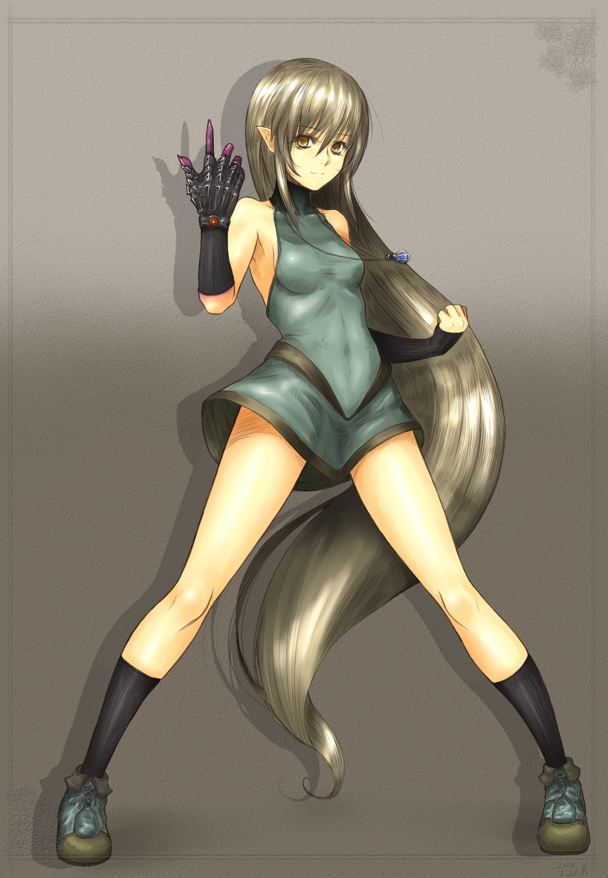 kotoba noriaki, original, pixiv card battler, pixiv fantasia, highres, 1girl, blonde hair, borrowed character, elf, female focus, gauntlets, long hair, looking at viewer, pointy ears, socks, solo, very long hair