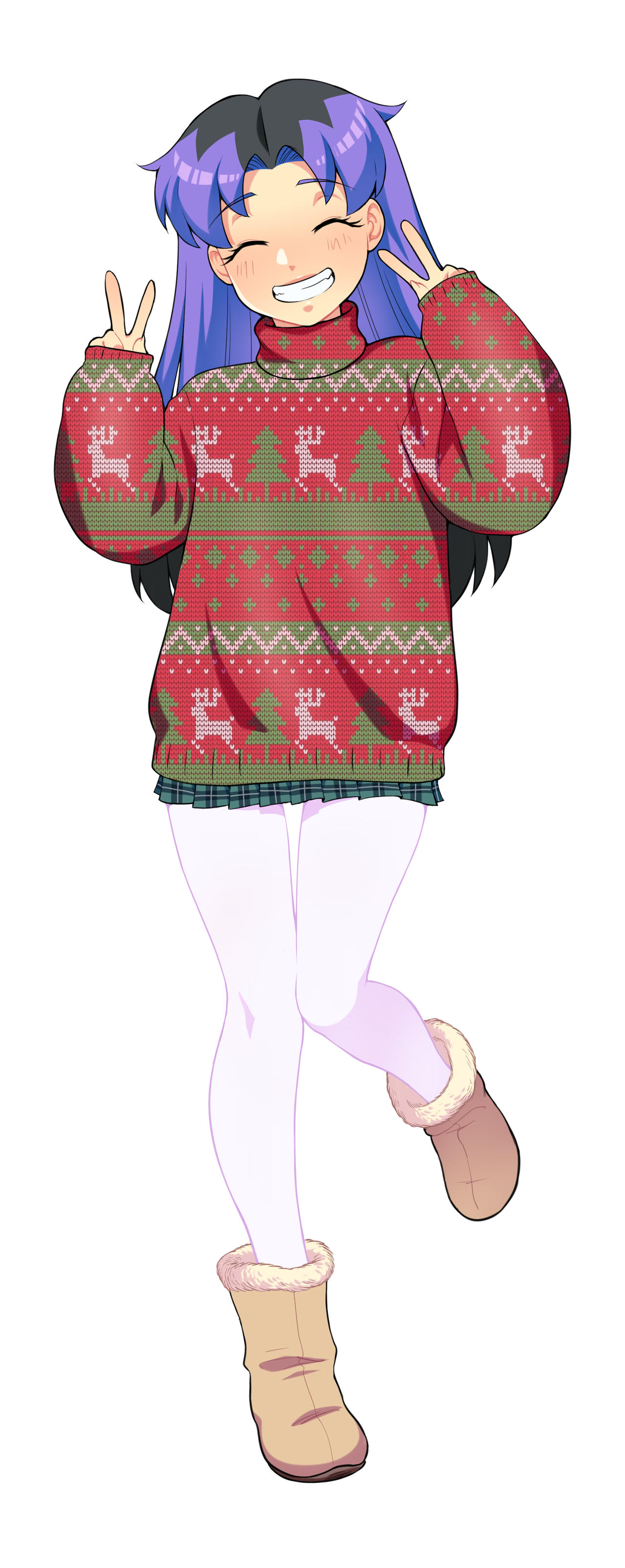 zeshgolden, sidney (zeshgolden), original, 1girl, animal print, black hair, blush, boots, brown boots, christmas, christmas sweater, christmas tree print, closed eyes, double v, fangs, fur-trimmed boots, fur trim, green skirt, grin, long hair, long sleeves, looking at viewer, multicolored hair, oversized clothes, oversized sweater, pantyhose, plaid clothes, plaid skirt, print sweater, purple hair, red sweater, reindeer print, skirt, sleeves past wrists, smile, standing, striped clothes, striped sweater, sweater, teeth, two-tone hair, v, white background, white pantyhose