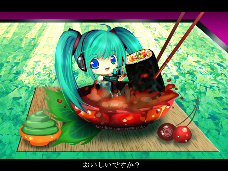 kaze-hime, hatsune miku, vocaloid, 1girl, blue eyes, bowl, cherry, chibi, chopsticks, female focus, food, fruit, green hair, headphones, smile, solo, sushi, wasabi