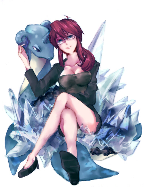 mirrrrr, lapras, lorelei (pokemon), nintendo, pokemon, 1girl, blue eyes, breasts, cleavage, collarbone, crossed legs, elite four, gen 1 pokemon, glasses, high heels, ice, jacket, large breasts, legs, lips, pokemon (creature), ponytail, red hair, shoes, sitting, skirt