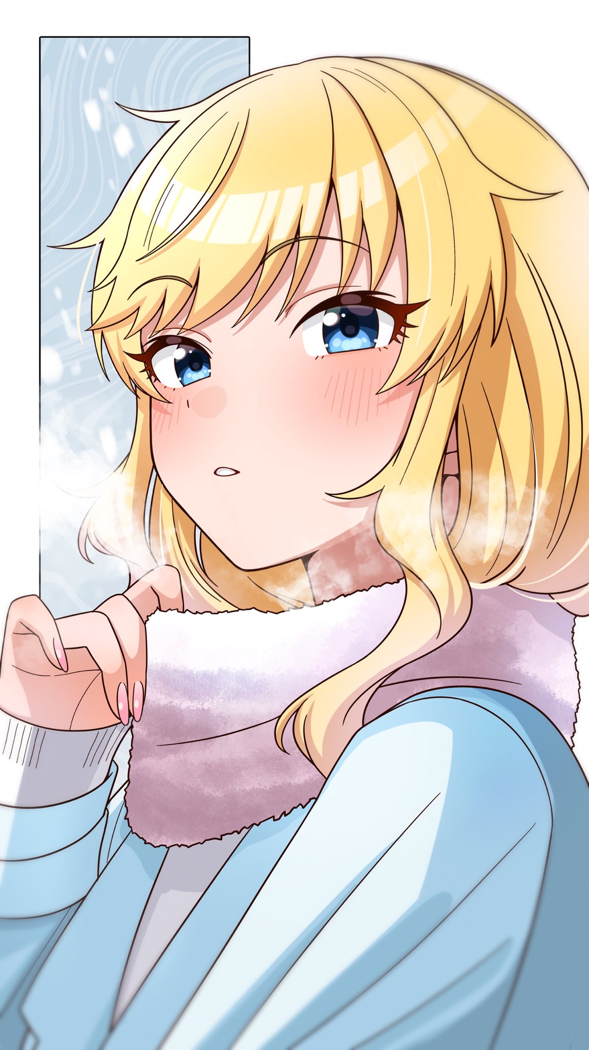 niban (puka 0507), ohtsuki yui, idolmaster, idolmaster cinderella girls, commentary request, highres, 1girl, blonde hair, blue eyes, blue jacket, blush, jacket, long hair, looking at viewer, parted lips, pink nails, pink scarf, scarf, solo, sweater, wavy hair, wavy sidelocks, white sweater