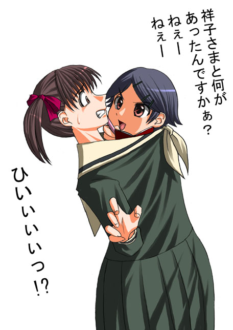 katwu (gensou ninja yashiki), fukuzawa yumi, yamaguchi mami, maria-sama ga miteru, translation request, 00s, 2girls, blue hair, bow, brown eyes, brown hair, clenched teeth, dress, hair bow, hair ornament, hairclip, multiple girls, nervous, notepad, pen, pink eyes, sailor dress, school uniform, short hair, short twintails, sweat, teeth, twintails