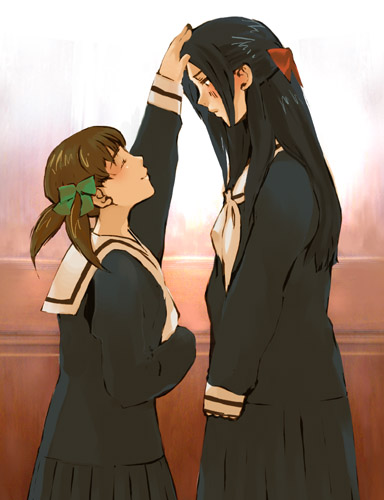 fukuzawa yumi, hosokawa kanako, maria-sama ga miteru, tall, lowres, 00s, 2girls, black hair, blush, brown hair, half updo, headpat, height difference, multiple girls, school uniform, short twintails, size difference, twintails