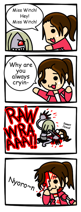 ddrshaman38, witch (left4dead), zoey (left4dead), left 4 dead, left 4 dead 1, 2girls, :3, black eyes, blonde hair, blood, brown hair, claws, comic, english text, guro, multiple girls, nyoro~n, o o, open mouth, ponytail, red eyes, solid circle eyes, speech bubble