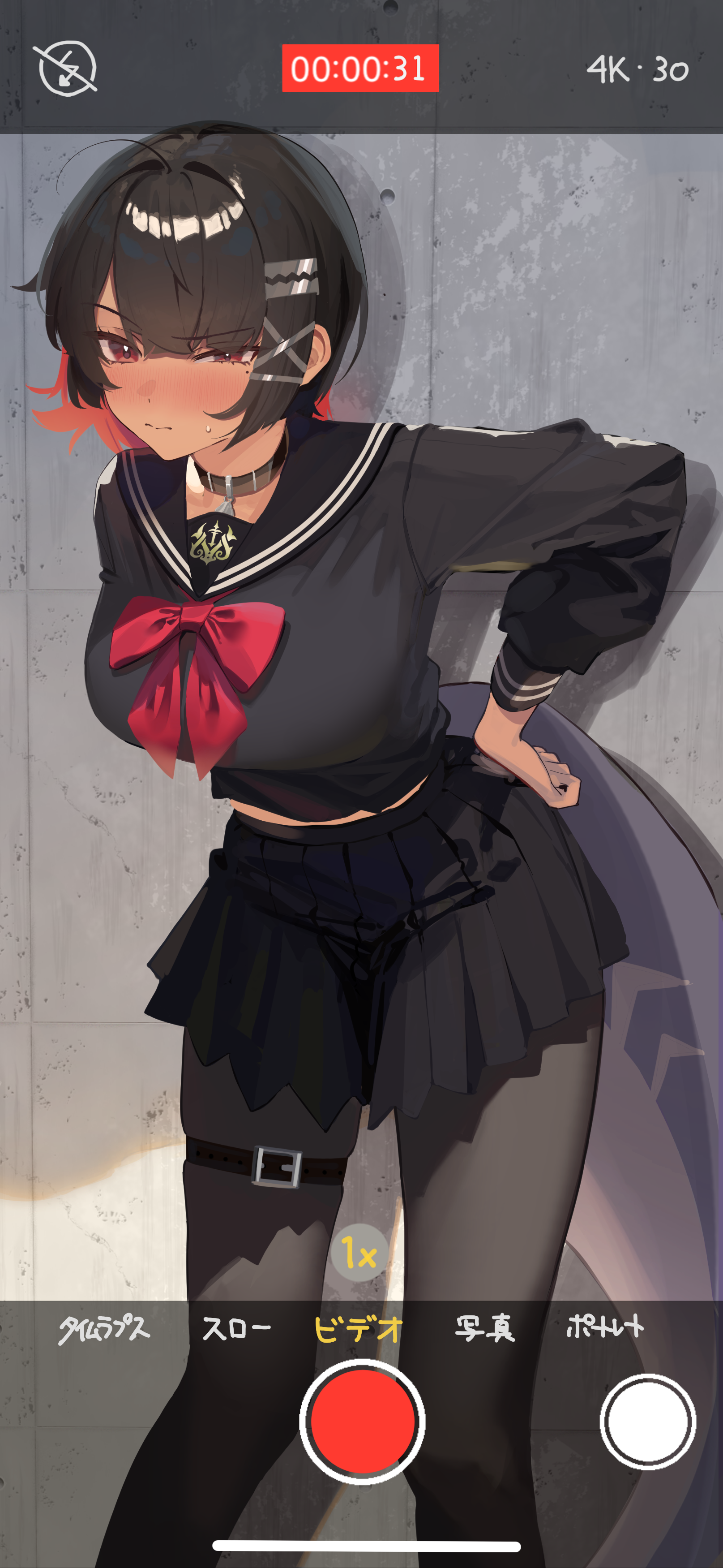 shiroserika, ellen joe, zenless zone zero, absurdres, commentary request, highres, 1girl, alternate costume, black hair, black pantyhose, black sailor collar, black serafuku, black skirt, blush, breasts, closed mouth, fins, fish tail, large breasts, long sleeves, looking at viewer, mole, mole under eye, multicolored hair, pantyhose, red eyes, red hair, sailor collar, school uniform, serafuku, shark girl, shark tail, short hair, skirt, solo, standing, tail, two-tone hair