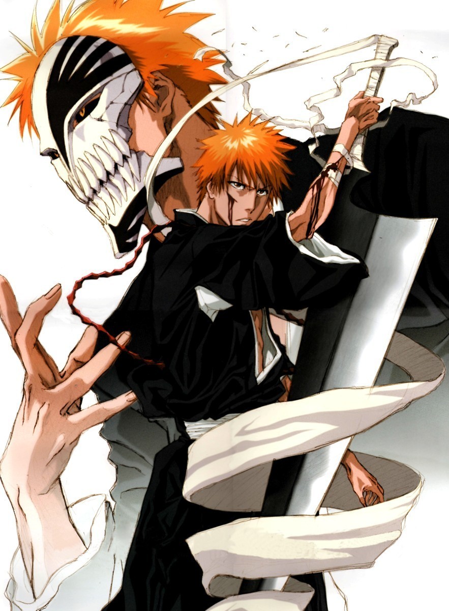 kubo tite, kurosaki ichigo, bleach, cleaned, highres, official art, 00s, bandages, blood, male focus, mask, orange hair, sword, weapon