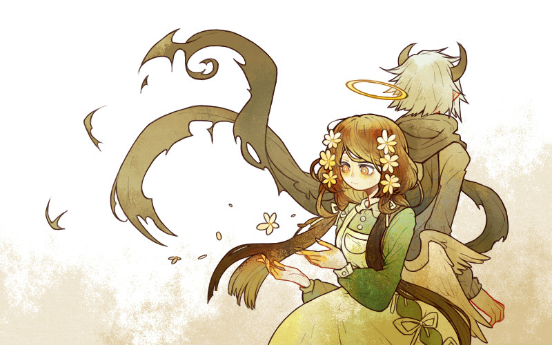 cosmea (funamusea), funamusea, 1boy, 1girl, angel, angel wings, couple, daimonji (funamusea), daisy (flower), demon boy, demon horns, dress, flower, green dress, hair flower, hair ornament, halo, horns, multiple wings, thummimurim, traditional halo, white hair, wings
