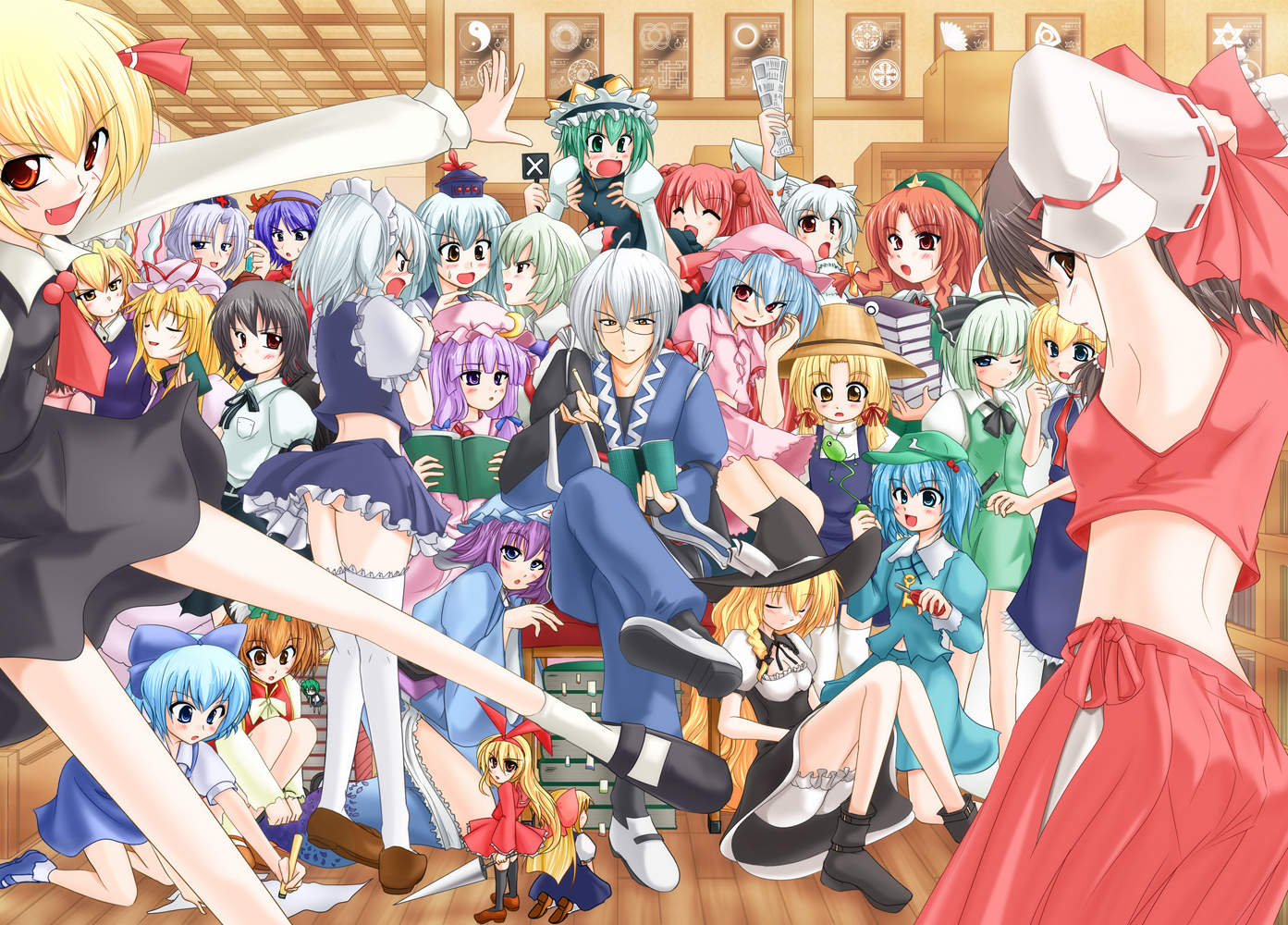 kirihane, alice margatroid, chen, cirno, fujiwara no mokou, hakurei reimu, hong meiling, hourai doll, inaba tewi, inubashiri momiji, izayoi sakuya, kamishirasawa keine, kawashiro nitori, kirisame marisa, konpaku youmu, morichika rinnosuke, moriya suwako, onozuka komachi, patchouli knowledge, reisen udongein inaba, remilia scarlet, rumia, saigyouji yuyuko, shameimaru aya, shanghai doll, shiki eiki, wriggle nightbug, yagokoro eirin, yakumo ran, yakumo yukari, yasaka kanako, touhou, 6+girls, armpits, blonde hair, book, breasts, everyone, grabbing another's breast, groping, harem, hetero, kourindou, large breasts, multiple girls, newspaper, red eyes, two side up