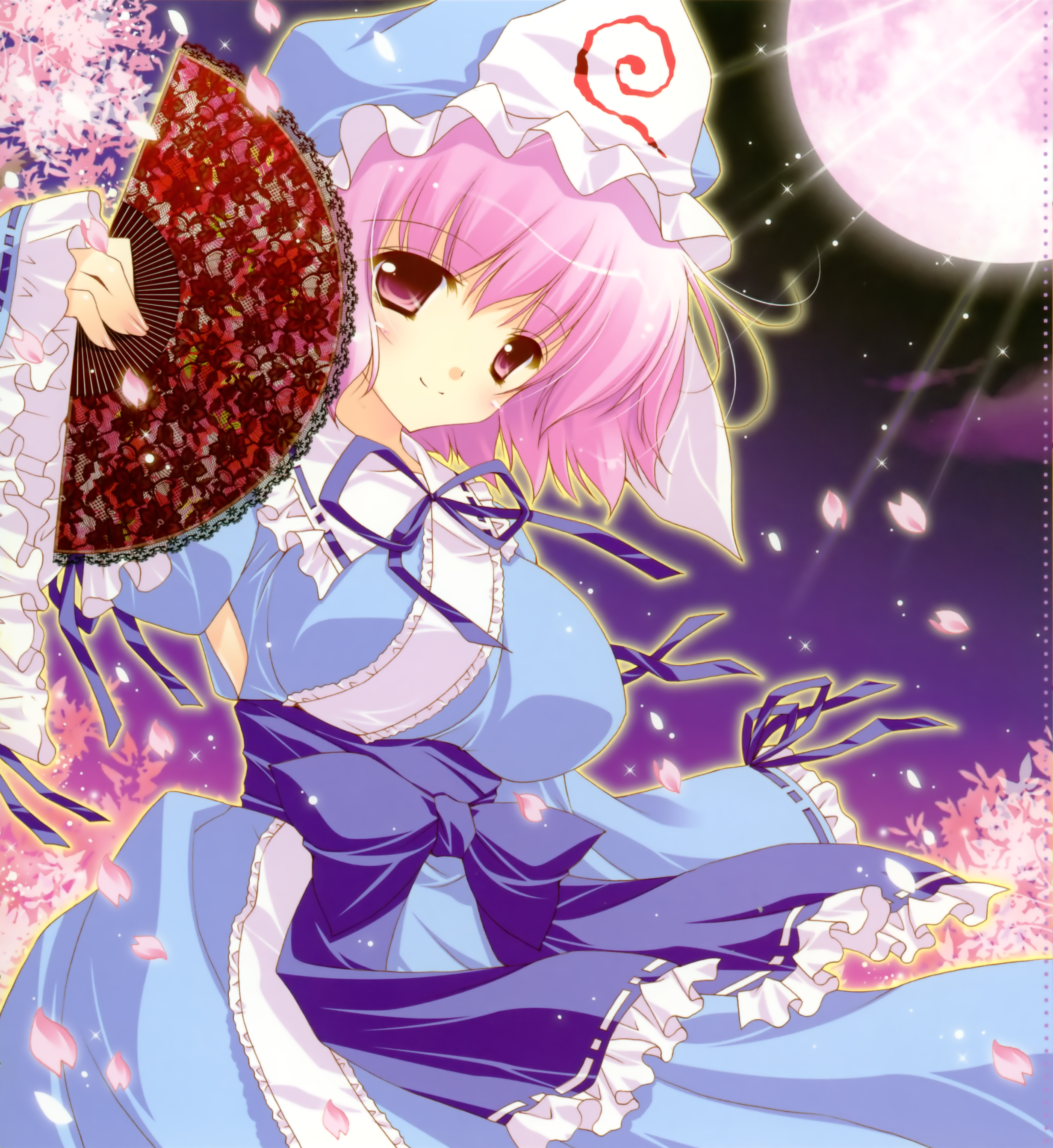 shigunyan, saigyouji yuyuko, touhou, absurdres, highres, 1girl, female focus, folding fan, hand fan, hat, moonlight, pink eyes, pink hair, short hair, solo