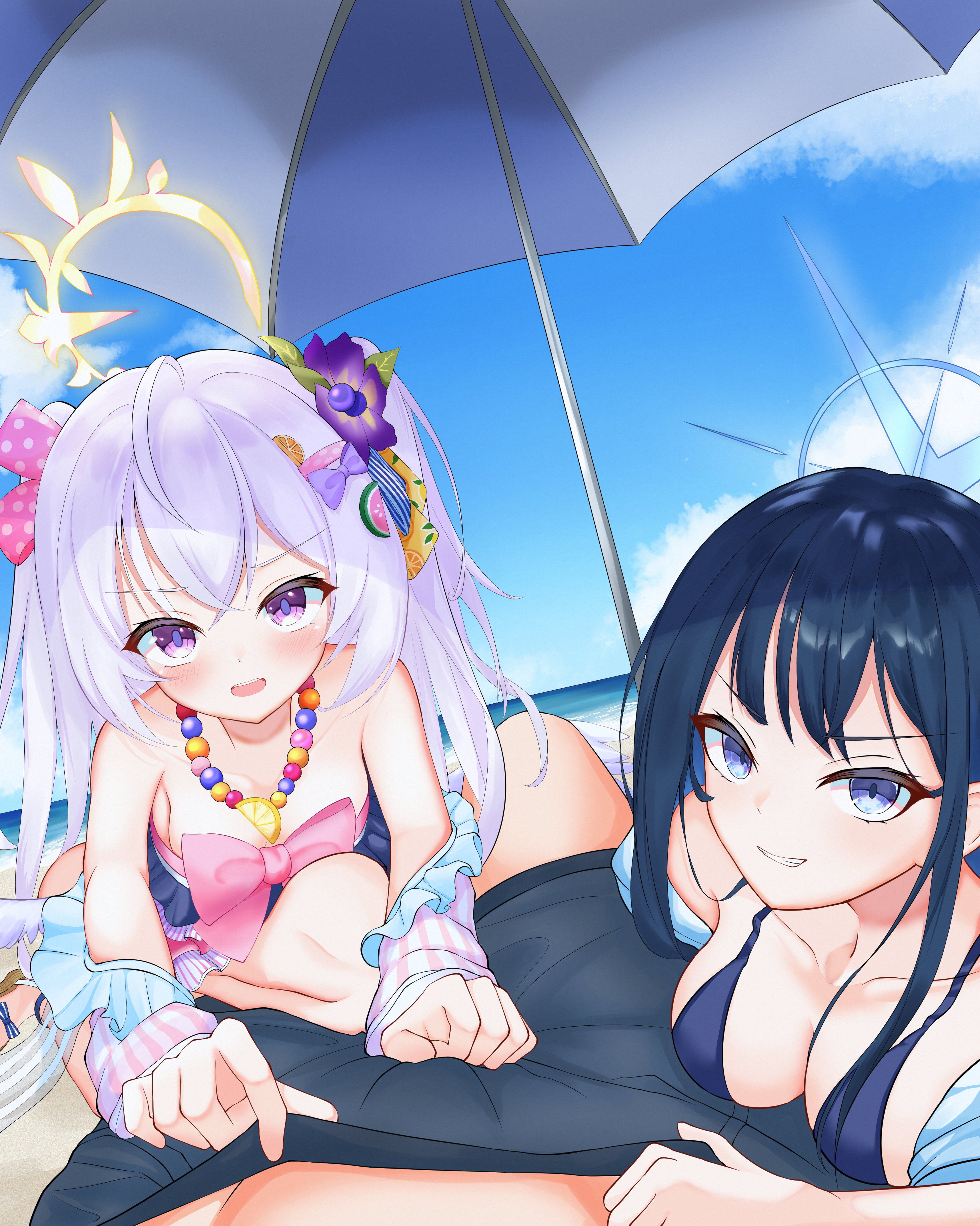 yoowaru, azusa (blue archive), azusa (swimsuit) (blue archive), saori (blue archive), saori (swimsuit) (blue archive), sensei (blue archive), blue archive, absurdres, commentary request, highres, 1boy, 2girls, :d, assertive female, bare shoulders, beach umbrella, bead necklace, beads, bikini, black hair, blue bikini, blue eyes, blue halo, blush, bow, bow bikini, breasts, cleavage, clenched hand, cloud, collarbone, crescent halo, crossed bangs, day, dutch angle, eyelashes, flower, frilled bikini, frills, girl on top, grin, hair between eyes, hair bow, hair flower, hair ornament, halo, hand on another's crotch, hetero, jewelry, large breasts, looking at viewer, lying, male swimwear, multiple girls, naughty face, necklace, ocean, official alternate costume, official alternate hairstyle, on back, open mouth, outdoors, pink bow, polka dot, polka dot bow, pov, pov crotch, purple eyes, purple flower, ruffle bikini, sandals, small breasts, smile, strapless, strapless bikini, swim trunks, swimsuit, teeth, two side up, umbrella, undressing another, upper body, upper teeth only, upturned eyes, v-shaped eyebrows, white hair, yellow halo