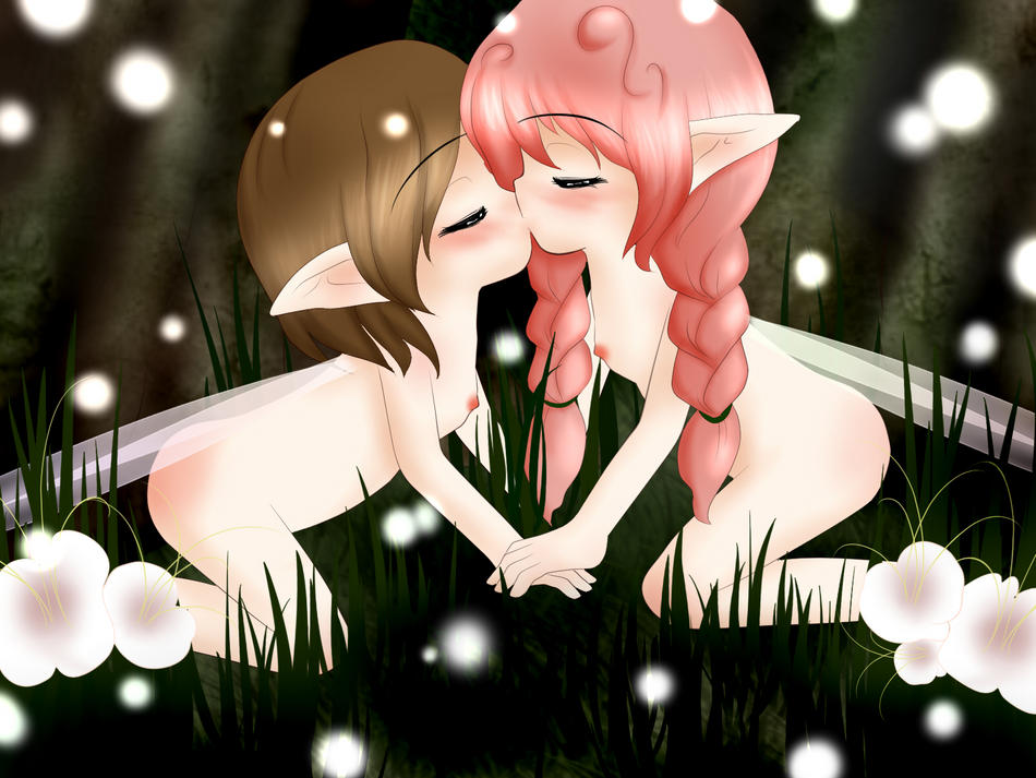 2girls, brown hair, closed eyes, fairy, kiss, loli, multiple girls, nude, red hair, short hair, twintails, wings, yuri