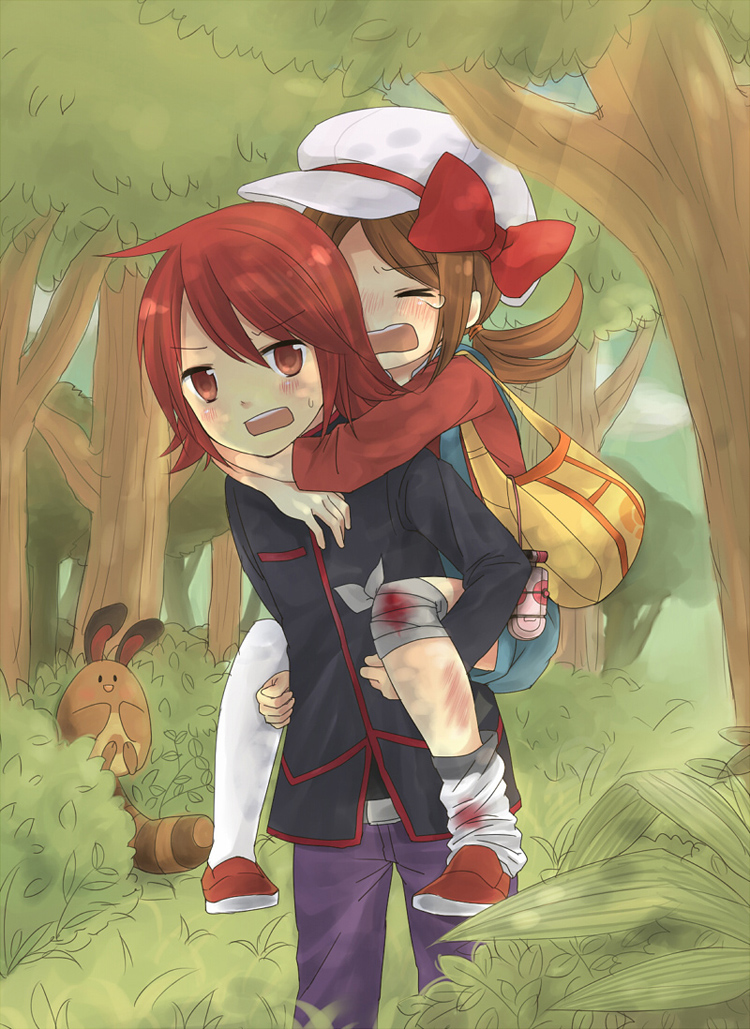 3310, misato (moimoi), lyra (pokemon), sentret, silver (pokemon), nintendo, pokemon, pokemon hgss, bad id, bad pixiv id, 00s, 1boy, 1girl, bag, bandages, blood, blush, brown hair, carrying, forest, gen 2 pokemon, hat, hat ribbon, injury, nature, piggyback, pokegear, pokemon (creature), red eyes, red hair, red ribbon, ribbon, scrape, tears, thighhighs