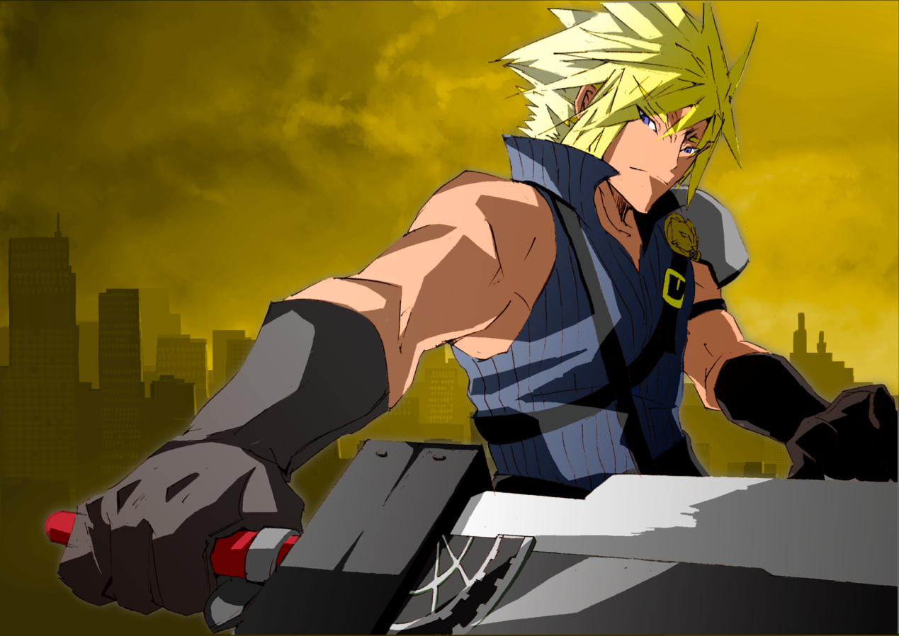 coelacanth (artist), siirakannu, cloud strife, final fantasy, final fantasy vii, final fantasy vii: advent children, bad id, bad pixiv id, 00s, 1990s (style), 1boy, blonde hair, blue eyes, foreshortening, gloves, male focus, manly, retro artstyle, solo, sword, weapon