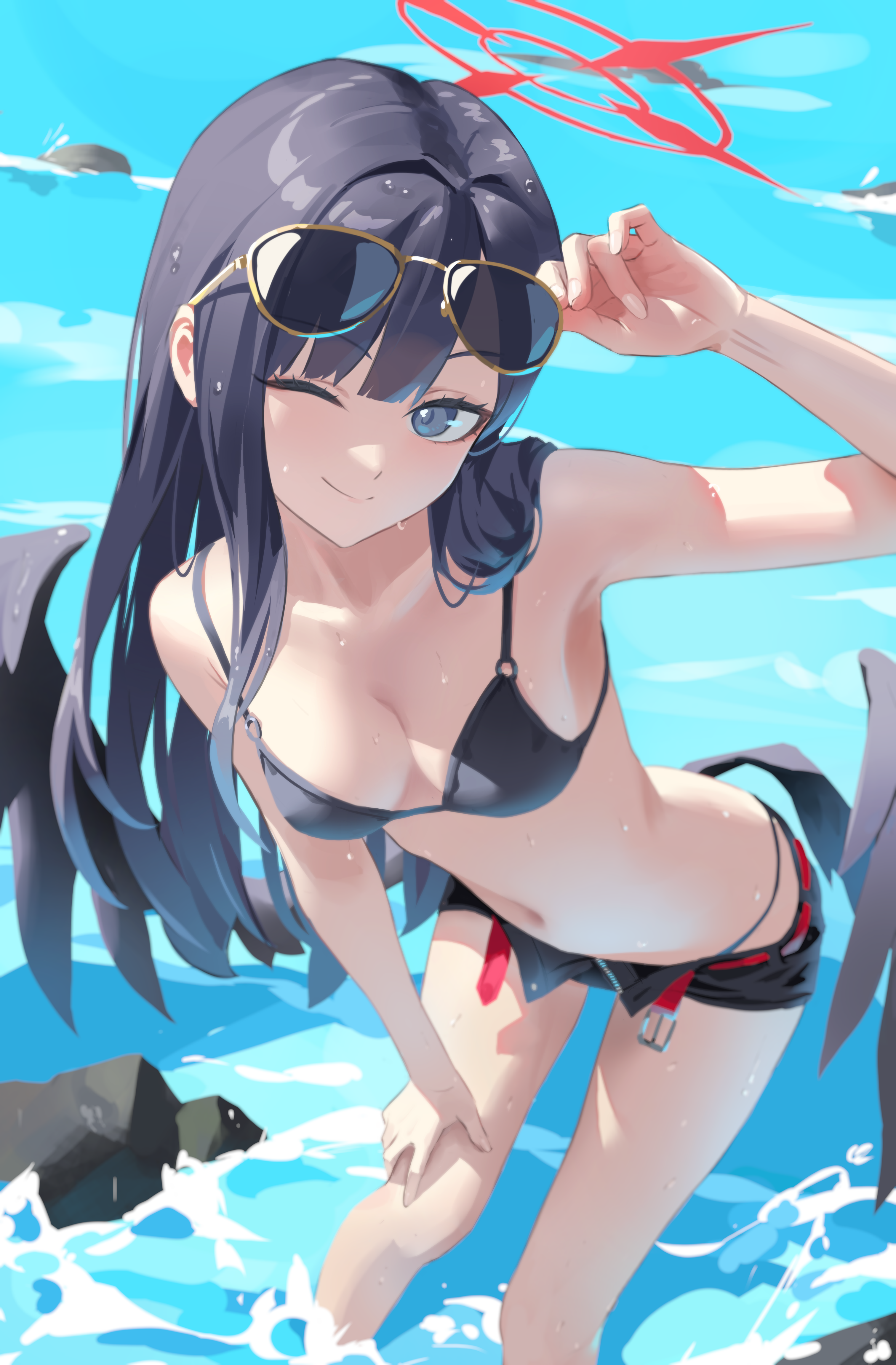 shortofsugar, ichika (blue archive), ichika (swimsuit) (blue archive), blue archive, absurdres, commentary, highres, 1girl, adjusting eyewear, bikini, black bikini, black hair, black shorts, black wings, blush, breasts, closed mouth, eyewear on head, grey eyes, halo, leaning forward, medium breasts, navel, ocean, official alternate costume, one eye closed, red halo, short shorts, shorts, smile, solo, stomach, sunglasses, swimsuit, wings