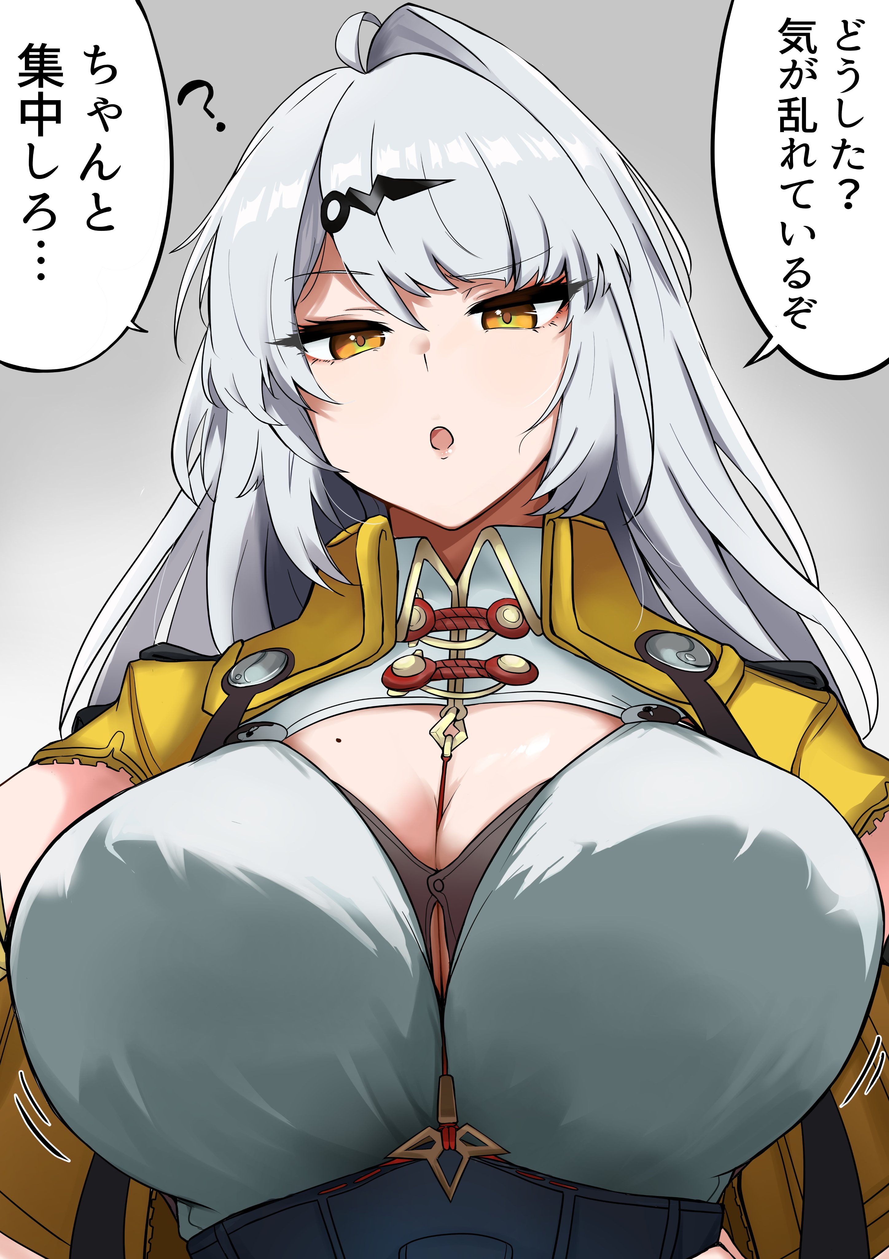 shijio (gg2786), yixuan (zenless zone zero), zenless zone zero, absurdres, commentary request, highres, translation request, 1girl, ?, ahoge, breasts, cleavage, grey background, hair ornament, hairpin, jacket, large breasts, long hair, looking at viewer, mole, mole on breast, motion lines, open mouth, raised eyebrow, simple background, single hair intake, solo, speech bubble, upper body, white hair, yellow eyes, yellow jacket, yin yang pin
