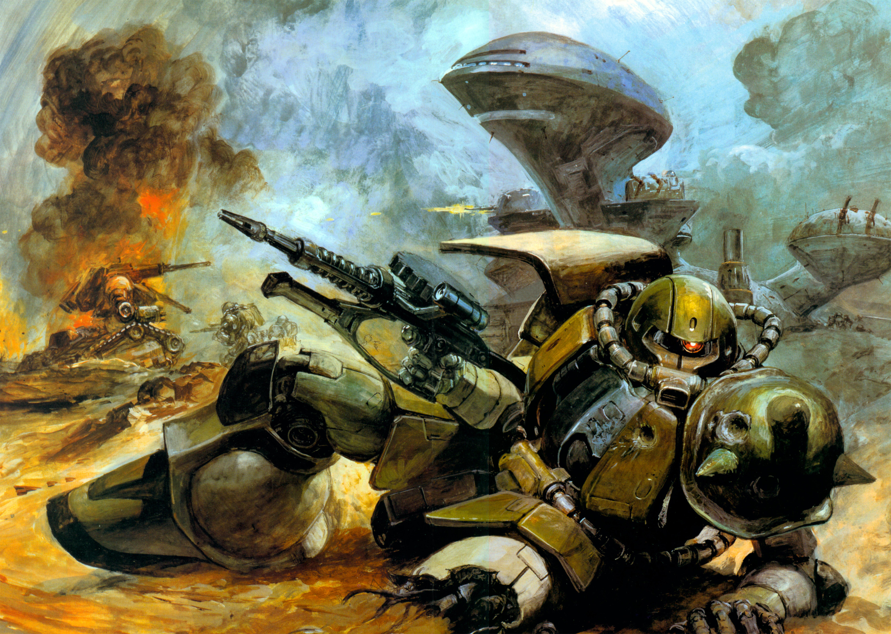 takani yoshiyuki, dabude, guntank, zaku, zaku ii, zaku ii f/j, gundam, mobile suit gundam, highres, official art, traditional media, battle, battleship, epic, gun, landship, machine gun, mecha, military, military vehicle, no humans, robot, ship, war, warship, watercraft, weapon