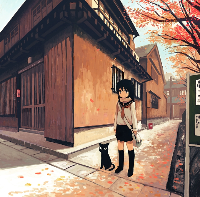 kimura (pixiv178485), original, 1girl, autumn, cat, female focus, perspective, road, school uniform, serafuku, shade, solo, vanishing point