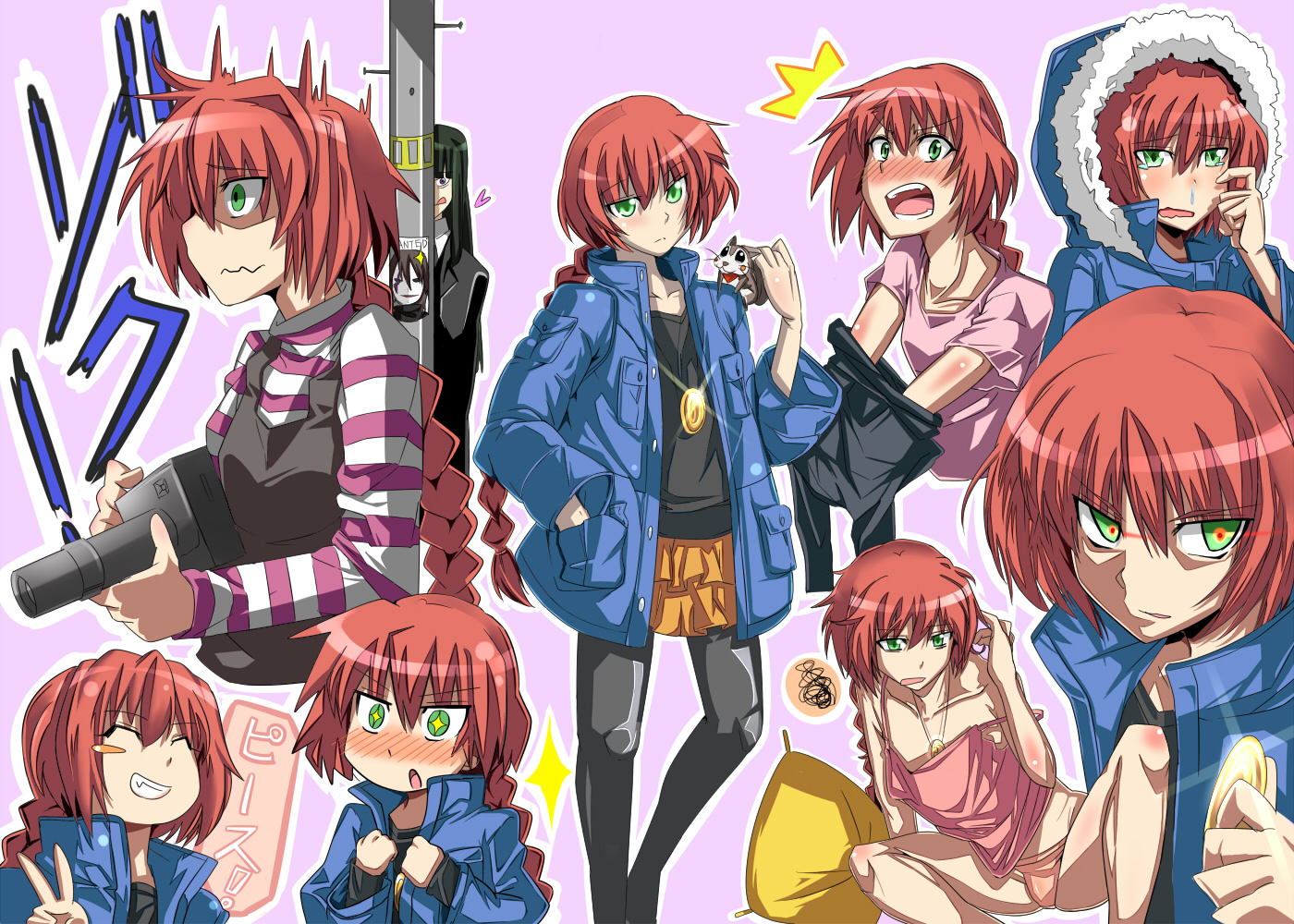 noisyu, hazuki mina (darker than black), hei (darker than black), petya, suou pavlichenko, darker than black, + +, 00s, 2girls, ^^^, blush, blush stickers, body blush, braid, camera, crazy eyes, fang, glowing, glowing eyes, green eyes, jewelry, multiple girls, necklace, panties, pantyhose, pet, pillow, red hair, shirt, single braid, skirt, snot, squirrel, stalking, striped clothes, striped shirt, underwear, v