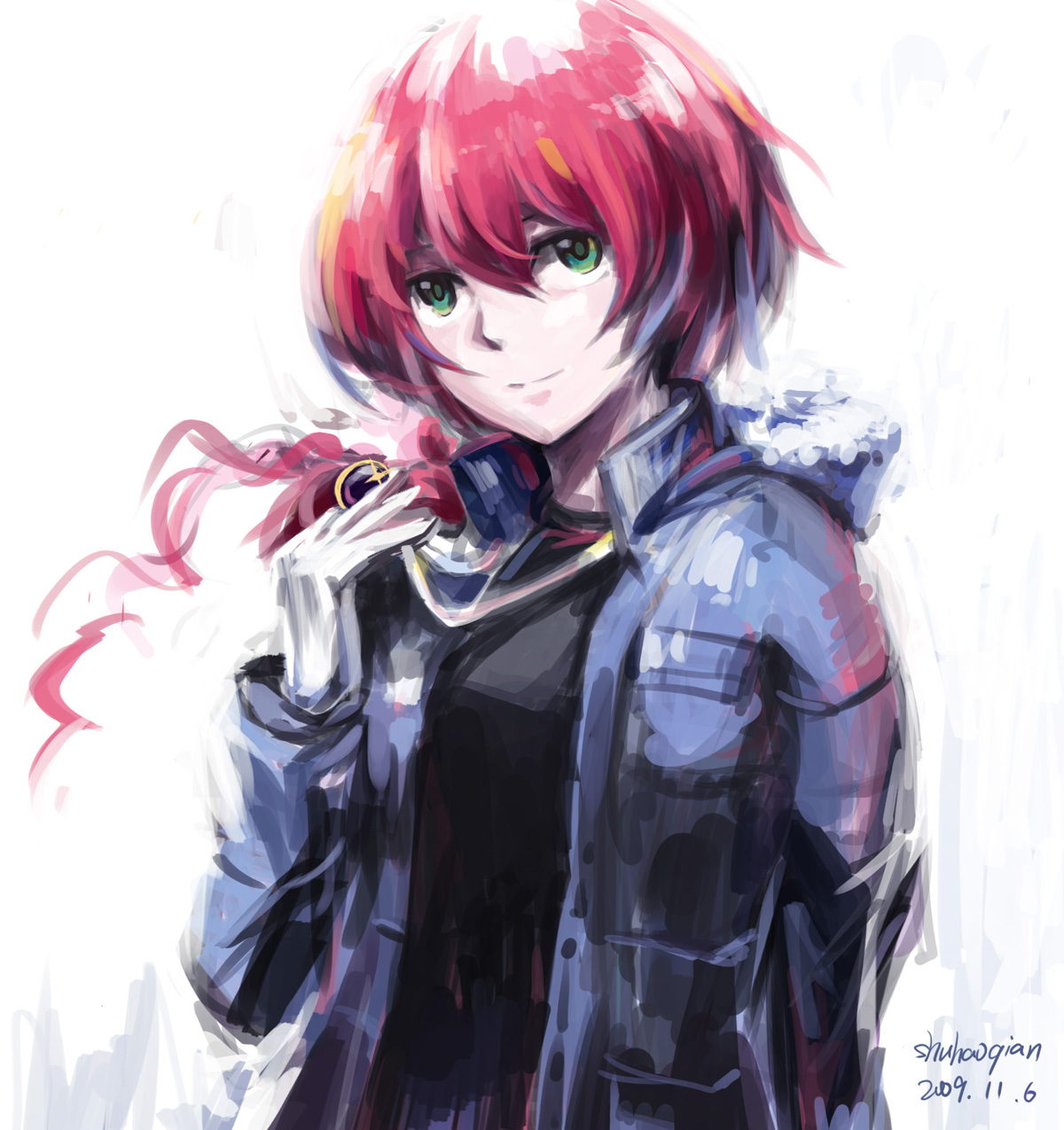 qianshuhao, suou pavlichenko, darker than black, highres, 00s, 1girl, female focus, green eyes, jewelry, long hair, necklace, red hair, smile, solo