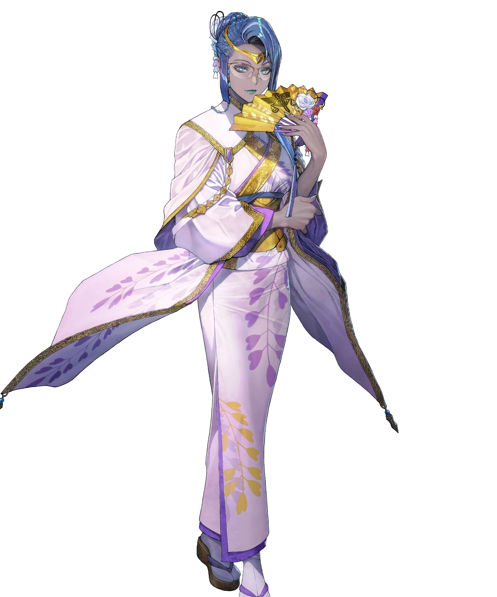 homare (fool's art), heimdallr (fire emblem), fire emblem, fire emblem heroes, nintendo, highres, non-web source, official art, 1girl, blue eyes, blue hair, blue lips, circlet, dark-skinned female, dark skin, geta, glasses, hair bun, half updo, hand fan, heimdallr (new year's vision) (fire emblem), japanese clothes, kimono, leaf print, light smile, lipstick, looking at viewer, makeup, multicolored hair, official alternate costume, paper fan, round eyewear, smile, solo, streaked hair, tabi, tachi-e, white kimono, yukata