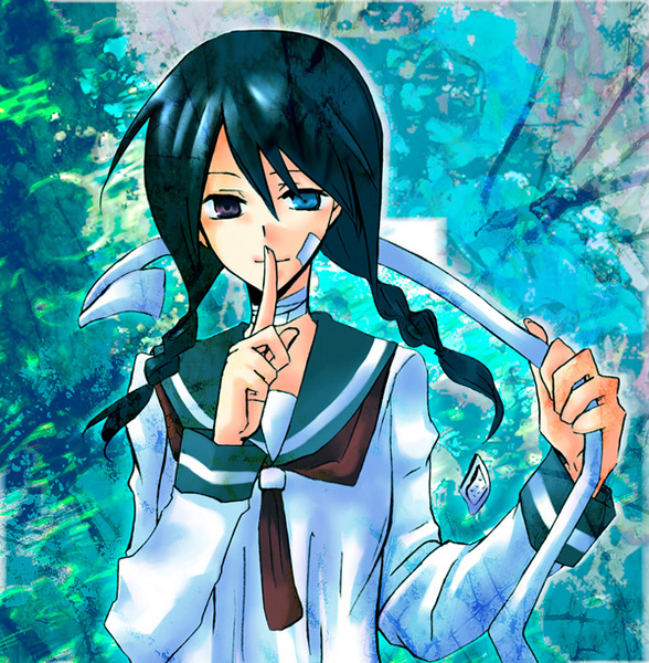 kobushi abiru, sayonara zetsubou sensei, 00s, bandages, black hair, braid, heterochromia, school uniform, serafuku, solo, twin braids