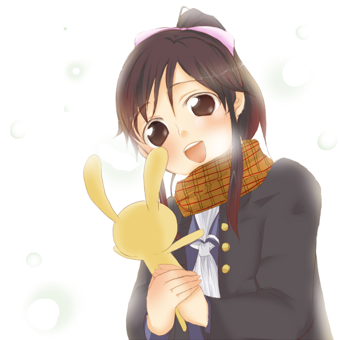 taranchura, takane manaka, love plus, bad id, bad pixiv id, 1girl, brown eyes, brown hair, coat, female focus, ponytail, scarf, school uniform, serafuku, snow, solo, stuffed animal, stuffed rabbit, stuffed toy, tarantula