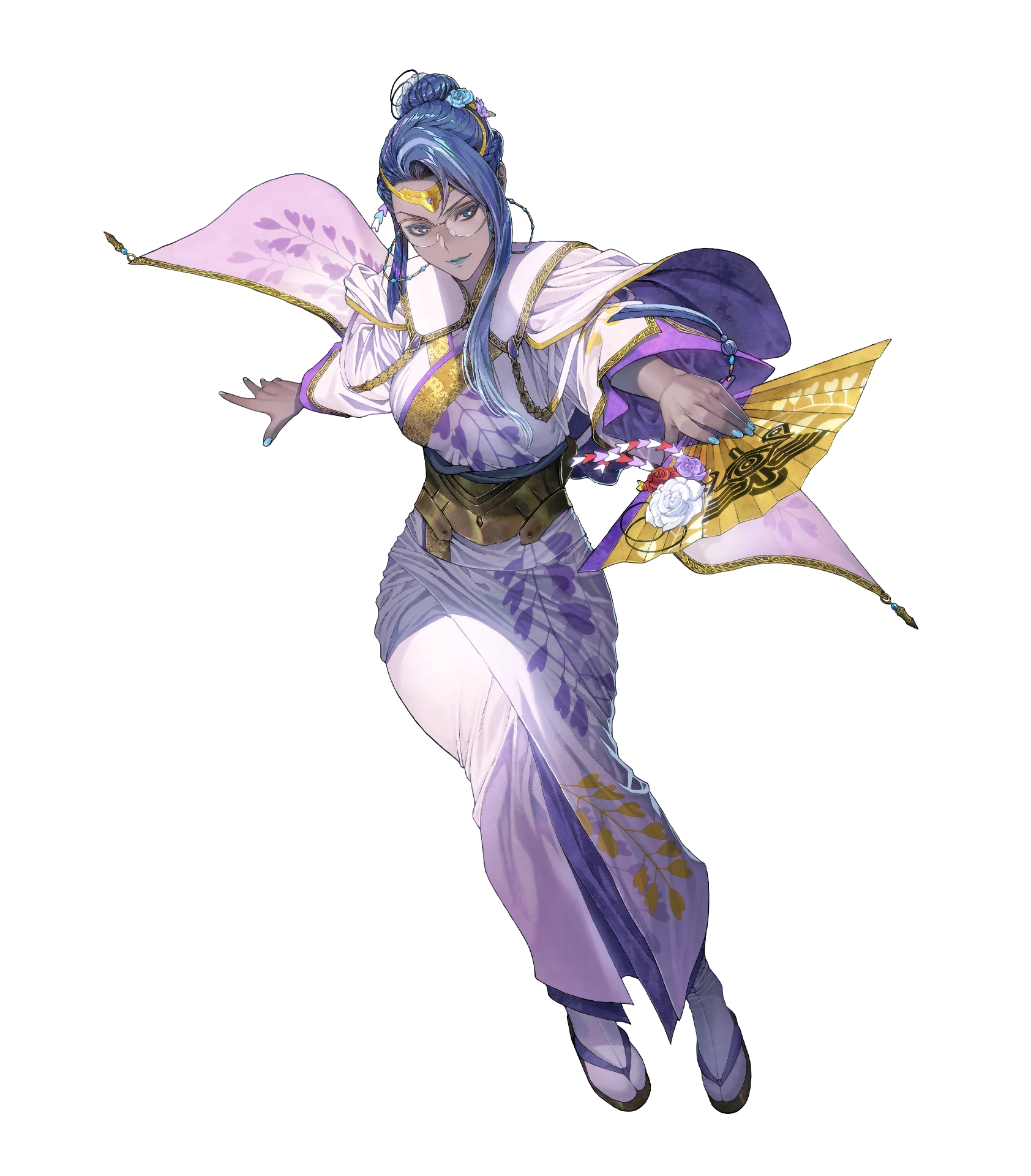 homare (fool's art), heimdallr (fire emblem), fire emblem, fire emblem heroes, nintendo, highres, non-web source, official art, 1girl, attack, blue eyes, blue hair, blue lips, circlet, dark-skinned female, dark skin, geta, glasses, hair bun, half updo, hand fan, heimdallr (new year's vision) (fire emblem), japanese clothes, kimono, leaf print, lipstick, makeup, multicolored hair, official alternate costume, paper fan, round eyewear, smile, solo, streaked hair, tabi, white kimono, yukata