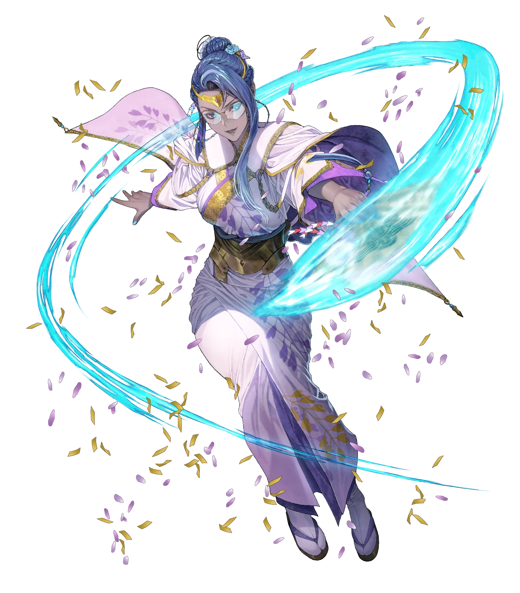 homare (fool's art), heimdallr (fire emblem), fire emblem, fire emblem heroes, nintendo, highres, non-web source, official art, 1girl, attack, blue eyes, blue hair, blue lips, circlet, confetti, dark-skinned female, dark skin, geta, glasses, hair bun, half updo, hand fan, heimdallr (new year's vision) (fire emblem), japanese clothes, kimono, leaf print, lipstick, makeup, multicolored hair, official alternate costume, paper fan, parted lips, petals, round eyewear, smile, solo, streaked hair, tabi, white kimono, yukata