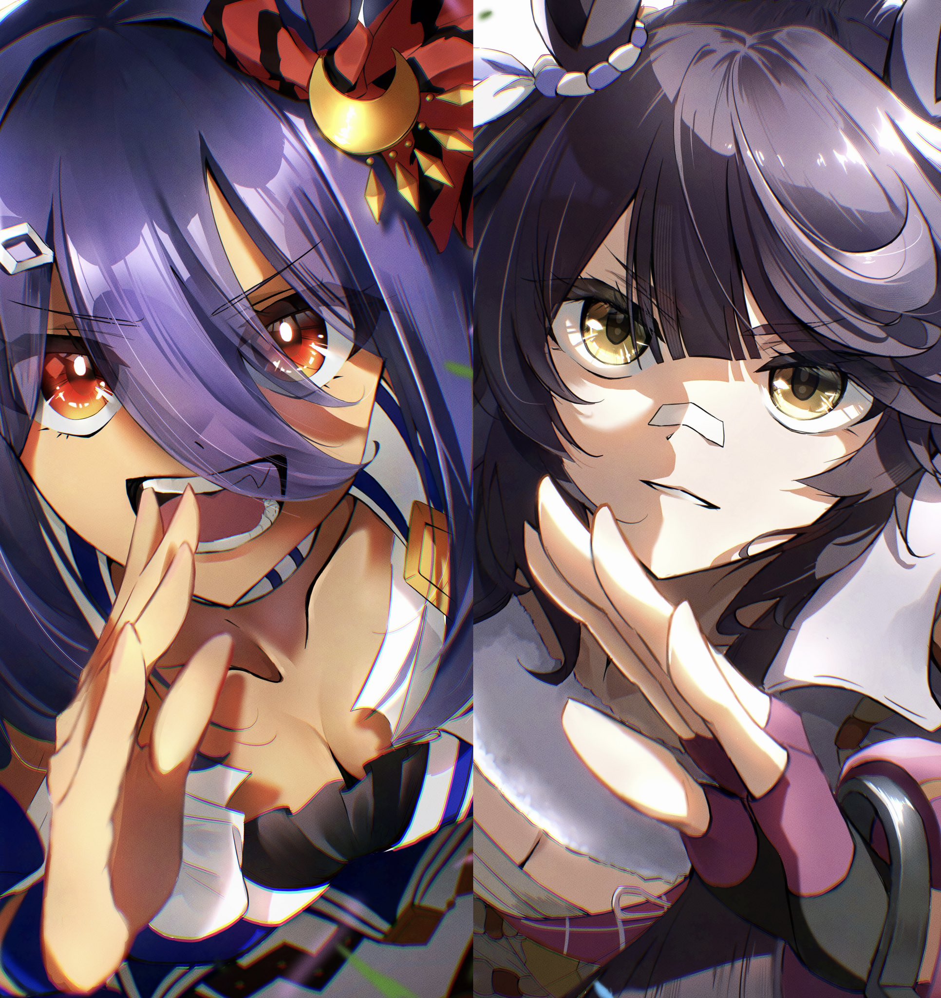 naegi happy, hishi amazon (azure amazon) (umamusume), hishi amazon (umamusume), narita brian (maverick) (umamusume), narita brian (umamusume), umamusume, commentary request, highres, 2girls, animal ears, bandaid, bandaid on face, bandaid on nose, bandeau, black hair, blue bandeau, breasts, chest sarashi, choker, cleavage, dark-skinned female, dark skin, ear ornament, ear scrunchie, fang, fingerless gloves, fur choker, gloves, hair between eyes, hair ornament, hairclip, horse ears, horse girl, long hair, long sleeves, looking at viewer, medium breasts, multiple girls, open mouth, parted lips, pink gloves, red eyes, red scrunchie, running, sarashi, scrunchie, skirt, smile, striped clothes, striped scrunchie, teeth, two-tone bandeau, white bandeau, white choker, white skirt, yellow eyes