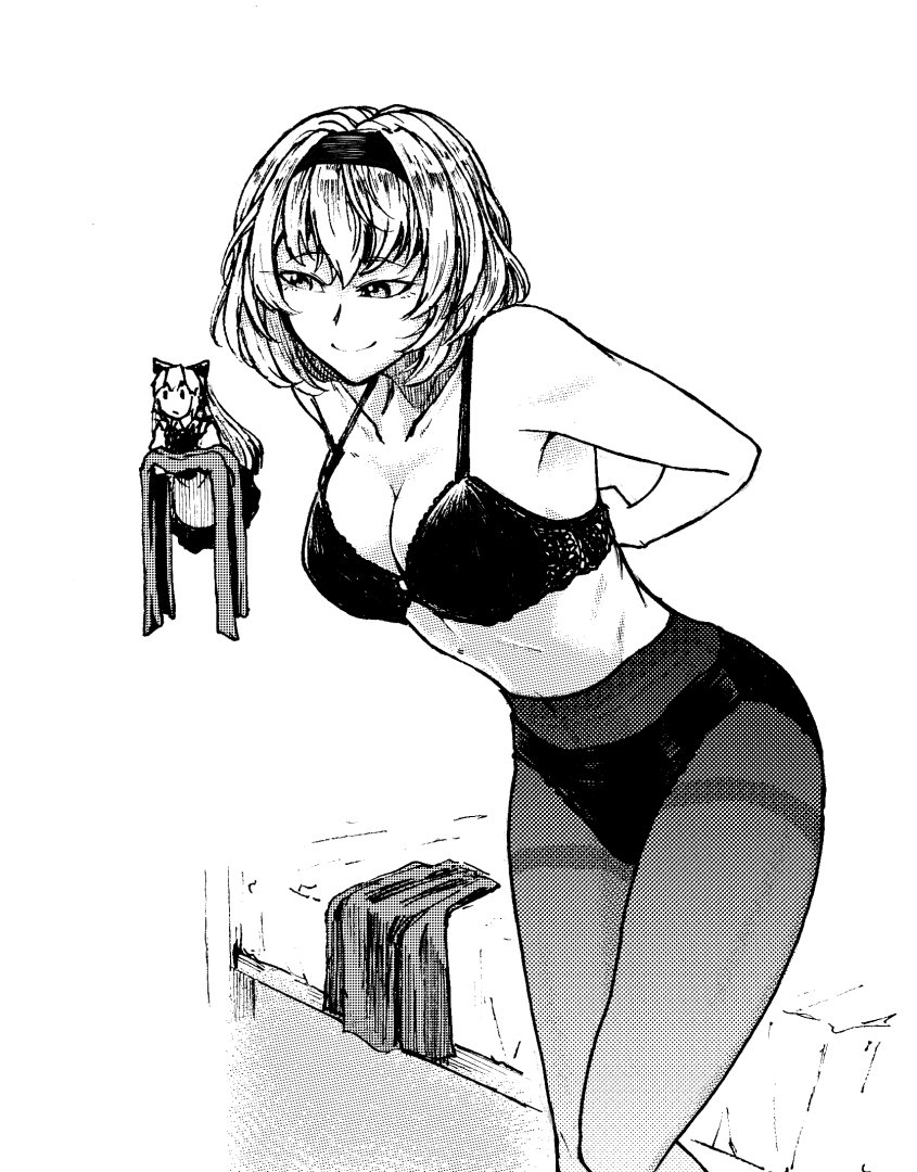 koyubi (littlefinger1988), alice margatroid, shanghai doll, touhou, bare shoulders, bed, bra, breasts, cleavage, dressing, greyscale, hairband, holding cloth, monochrome, panties, panties under pantyhose, pantyhose, smile, thighs, underwear