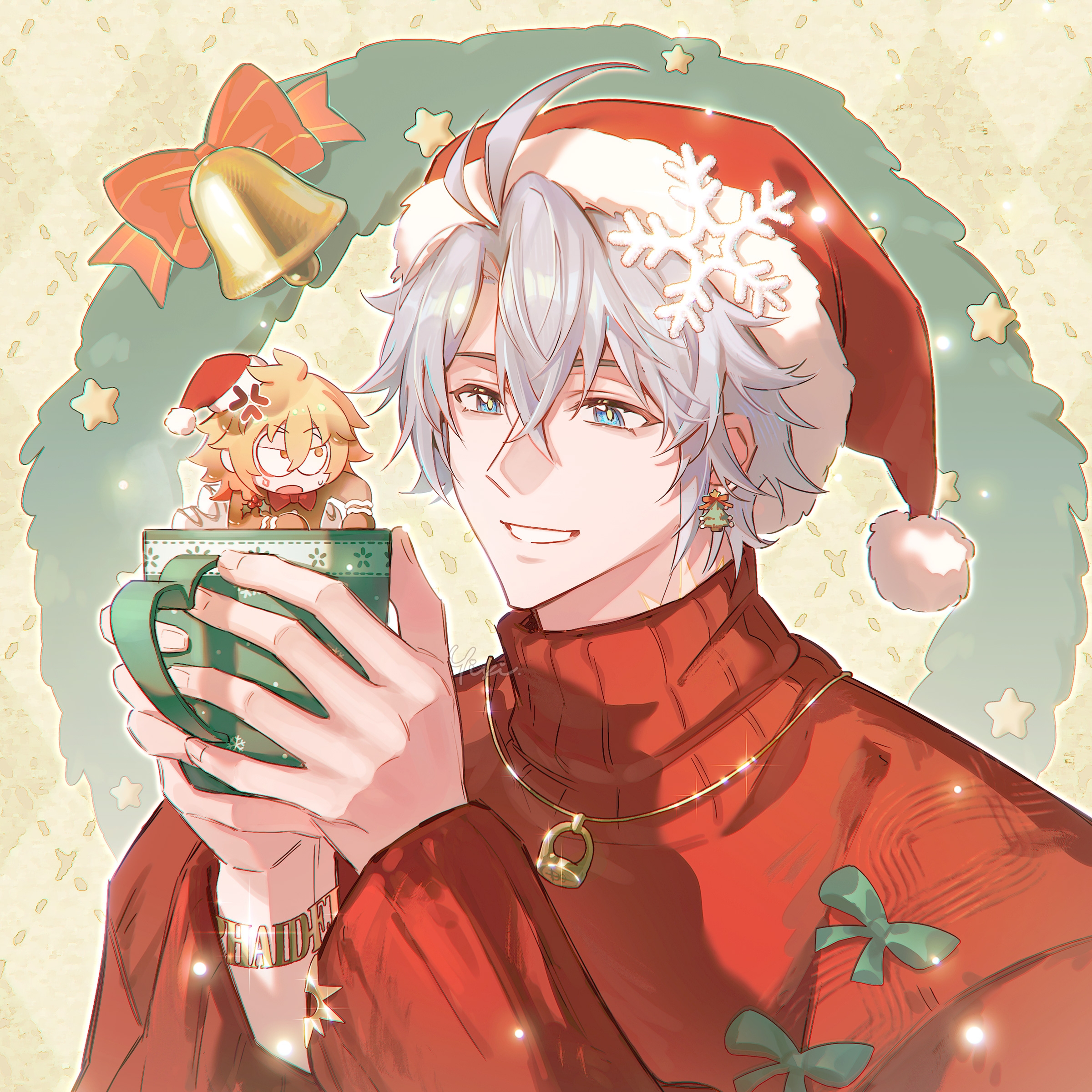mydei (honkai: star rail), phainon (honkai: star rail), honkai: star rail, honkai (series), absurdres, chinese commentary, commentary request, highres, 2boys, anger vein, antenna hair, blonde hair, blue eyes, bracelet, braid, chibi, christmas, cup, earrings, facial tattoo, gold bracelet, gold necklace, gradient hair, hat, holding, holding cup, jewelry, long sleeves, male focus, medium hair, mini person, miniboy, multicolored hair, multiple boys, necklace, parted bangs, red hair, red sweater, red tattoo, santa hat, short hair, side braid, sweater, tattoo, white hair, yellow eyes, yixi5680
