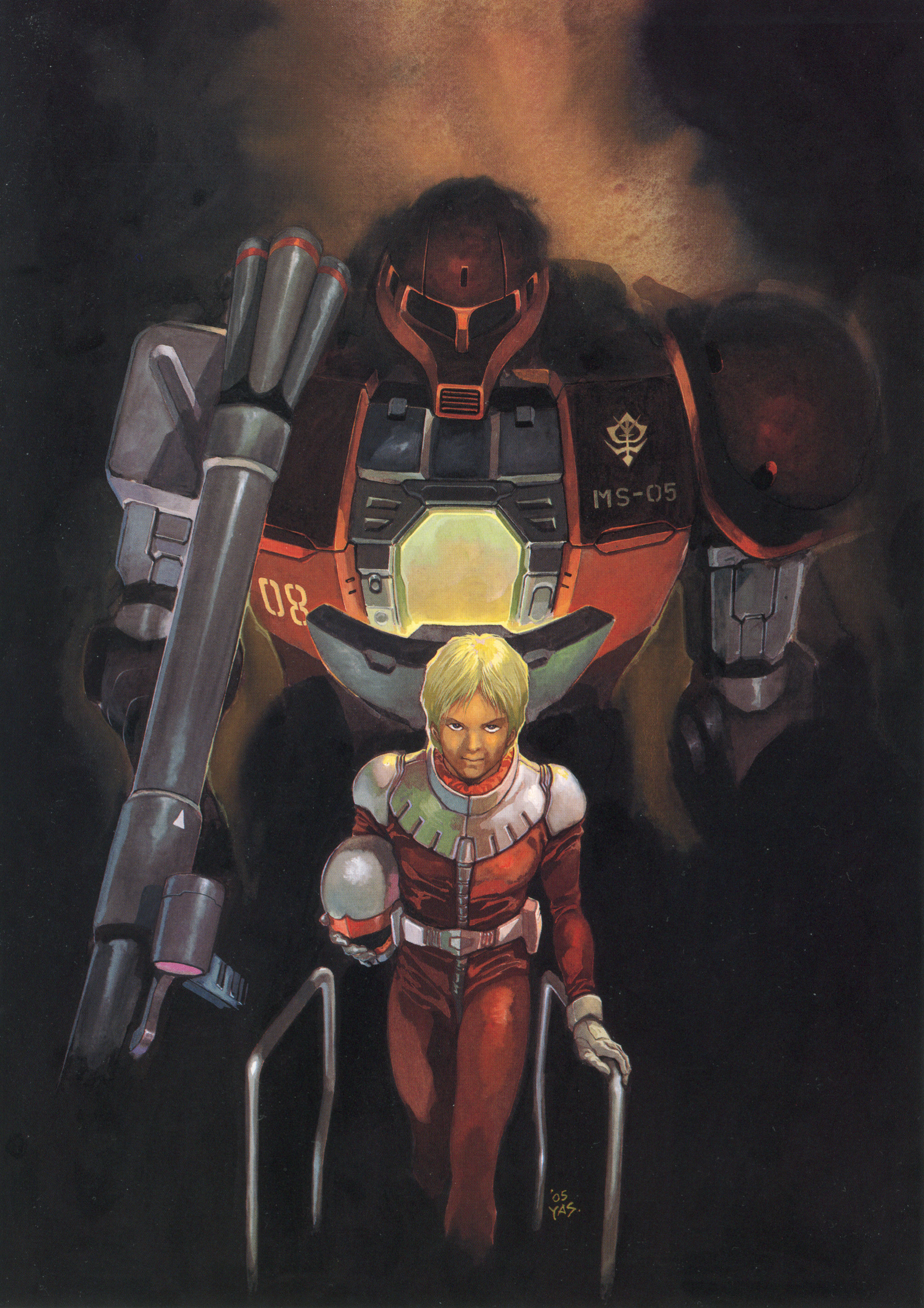 yasuhiko yoshikazu, char aznable, zaku, zaku i, gundam, mobile suit gundam, mobile suit gundam the origin, pilot suit, 1980s (style), absurdres, highres, 1970s (style), 1boy, blonde hair, helmet, holding, holding unworn helmet, m1 bazooka, male focus, mecha, oldschool, retro artstyle, robot, rocket launcher, science fiction, solo, unworn helmet, weapon
