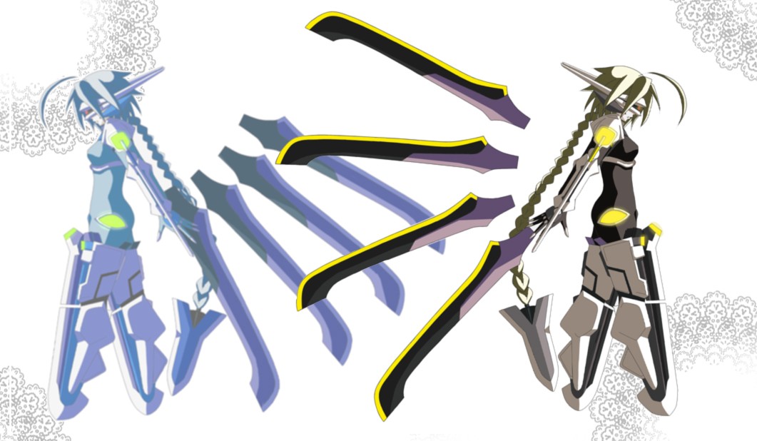 miya (shiya-m), lambda-11, nu-13, arc system works, blazblue, silver hair, 2girls, blonde hair, braid, eyepatch, mecha musume, multiple girls, single braid, wings