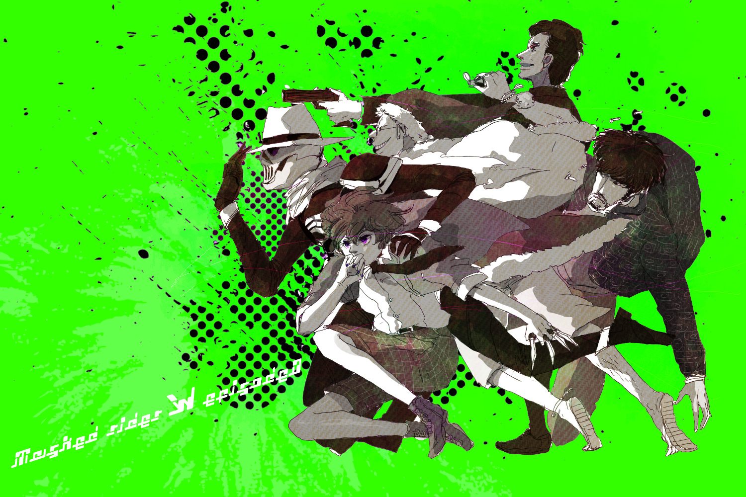 munagro, hidari shoutarou, jinno mikio, kamen rider skull, santa-chan, watcherman, kamen rider, kamen rider w, 5boys, christmas, from side, full body, green background, hat, multiple boys, profile, running, simple background