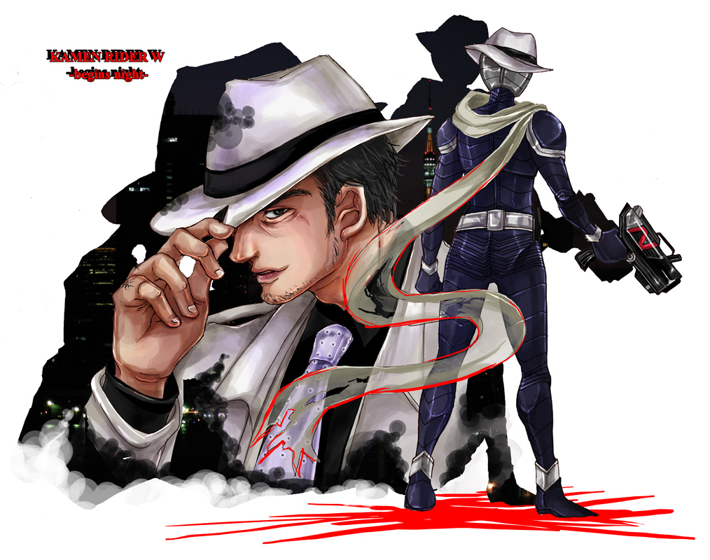 yk (waikeee), kamen rider skull, narumi sokichi, kamen rider, kamen rider w, 1boy, belt, black hair, facial hair, fedora, formal clothes, gun, hat, holding, holding unworn clothes, holding unworn hat, male focus, necktie, scarf, suit, unworn hat, unworn headwear, weapon
