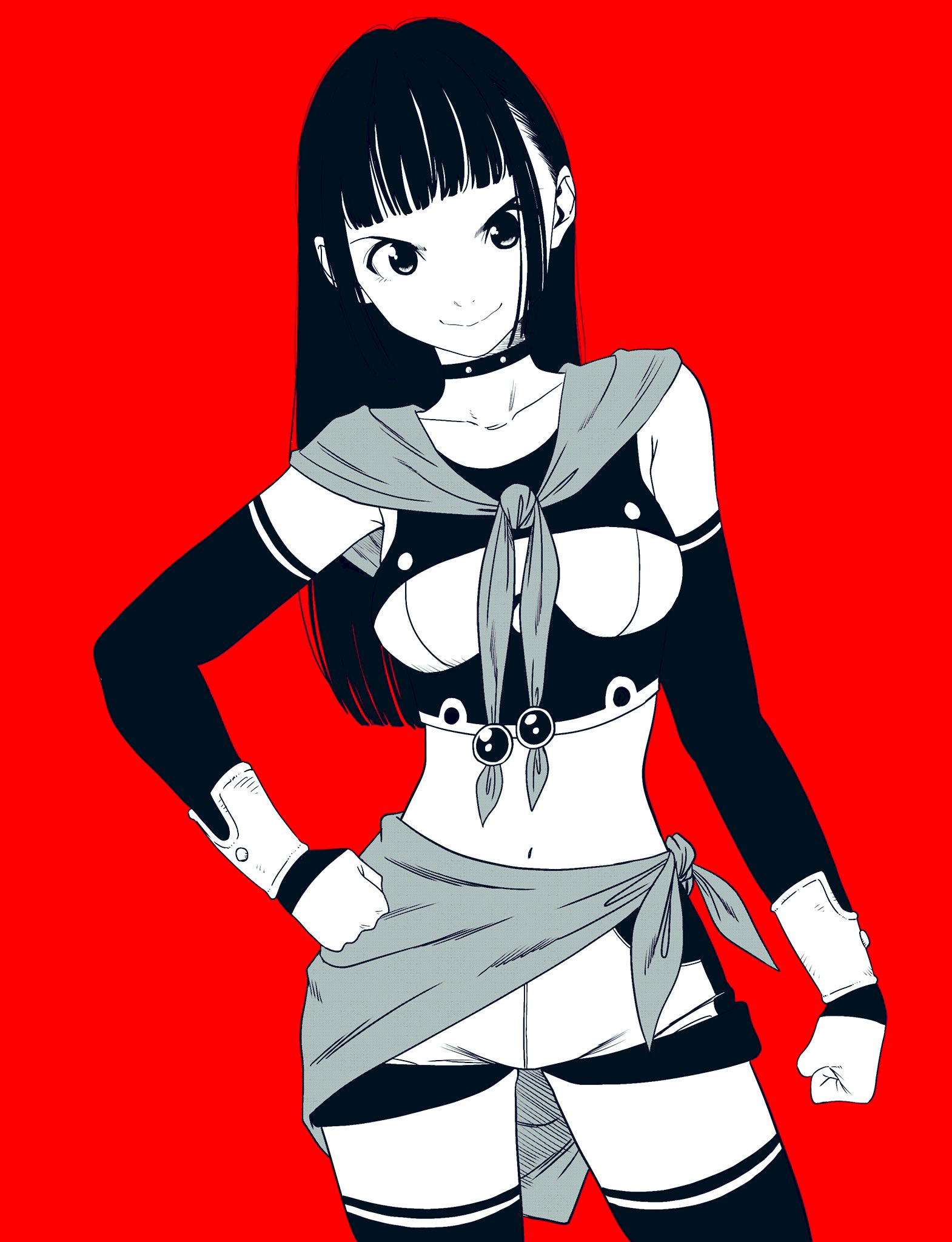 lee (dragon garou), original, commentary request, highres, 1girl, blunt bangs, breasts, choker, clenched hands, cowboy shot, crop top, detached sleeves, greyscale with colored background, hand on own hip, hime cut, long hair, medium breasts, midriff, navel, neckerchief, red background, short shorts, shorts, smile, solo, thighhighs, v-shaped eyebrows