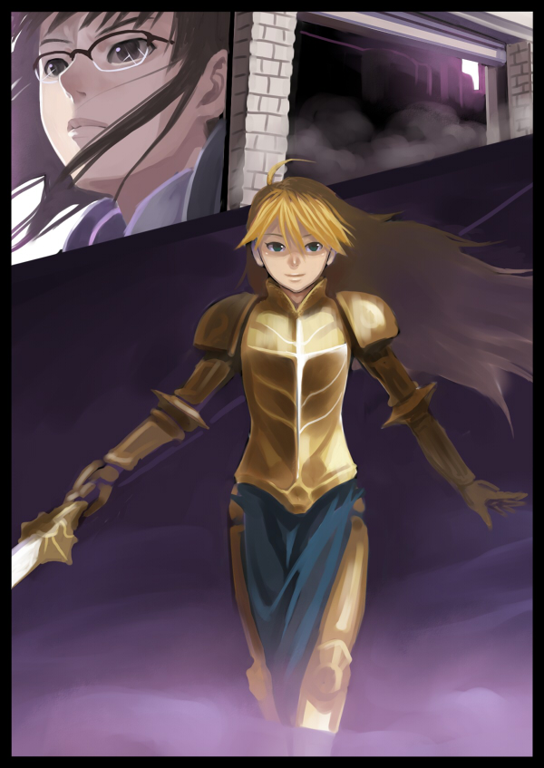 inu (aerodog), akizuki ritsuko, hoshii miki, idolmaster, idolmaster (classic), 00s, armor, blonde hair, brown eyes, brown hair, glasses, gold armor, green eyes, long hair, polearm, weapon