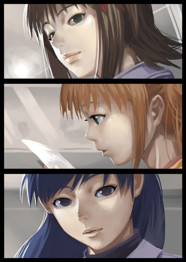 inu (aerodog), amami haruka, kisaragi chihaya, takatsuki yayoi, idolmaster, idolmaster (classic), 00s, blue hair, brown eyes, brown hair, green eyes, hair ribbon, long hair, realistic, ribbon, short hair