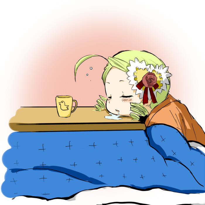 shiro-inu, kanaria, rozen maiden, 00s, ahoge, cup, drill hair, drooling, green hair, hair ornament, kotatsu, mug, saliva, sleeping, solo, table, twin drills