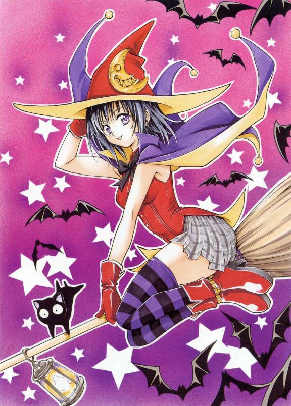 yabuki kentarou, kirisaki kyouko, kirisaki kyouko (toloveru), black cat (series), to love-ru, 00s, 1girl, bat (animal), broom, cat, female focus, hat, purple thighhighs, solo, striped clothes, striped thighhighs, thighhighs, witch, witch hat