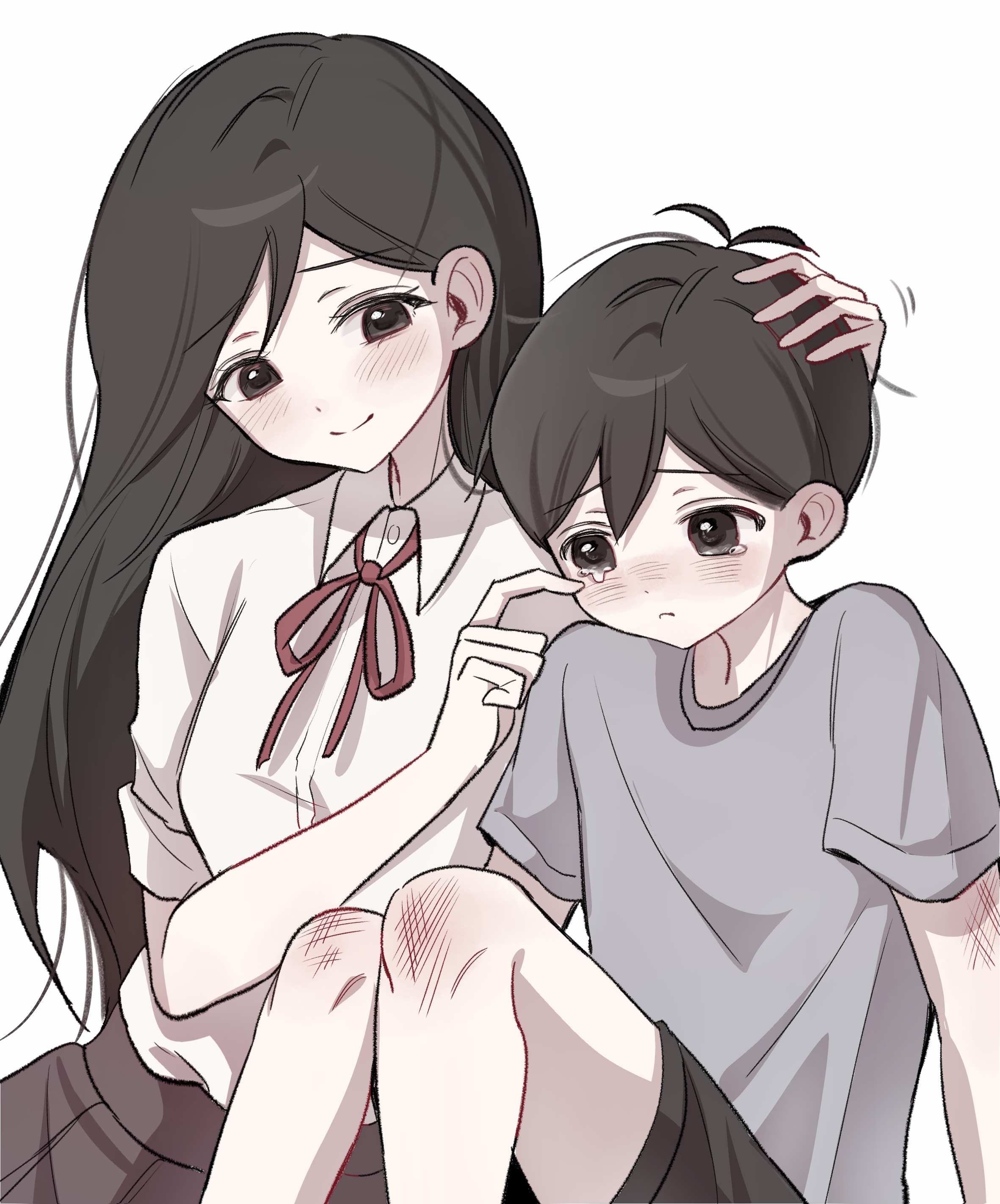 wktdms1, mari (faraway) (omori), mari (omori), sunny (omori), omori, absurdres, highres, 1boy, 1girl, aged down, alternate costume, antenna hair, black eyes, black hair, black shorts, blush, brother and sister, closed mouth, collared shirt, dark skin, double-parted bangs, grey shirt, hair behind ear, hair between eyes, hand on another's head, long hair, scraped knee, shirt, short hair, short sleeves, shorts, siblings, simple background, smile, t-shirt, tareme, tears, white background, white shirt, wiping tears