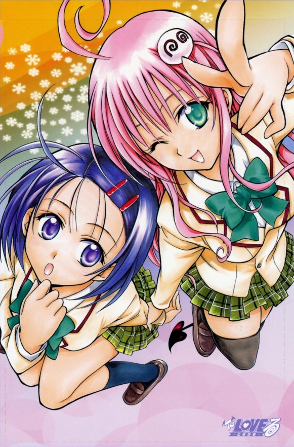 yabuki kentarou, lala satalin deviluke, peke (to love-ru), sairenji haruna, to love-ru, 00s, 2girls, ahoge, blue hair, blush, green eyes, multiple girls, one eye closed, pink hair, plaid clothes, plaid skirt, purple eyes, ribbon, school uniform, skirt, socks, tail, thighhighs, wink