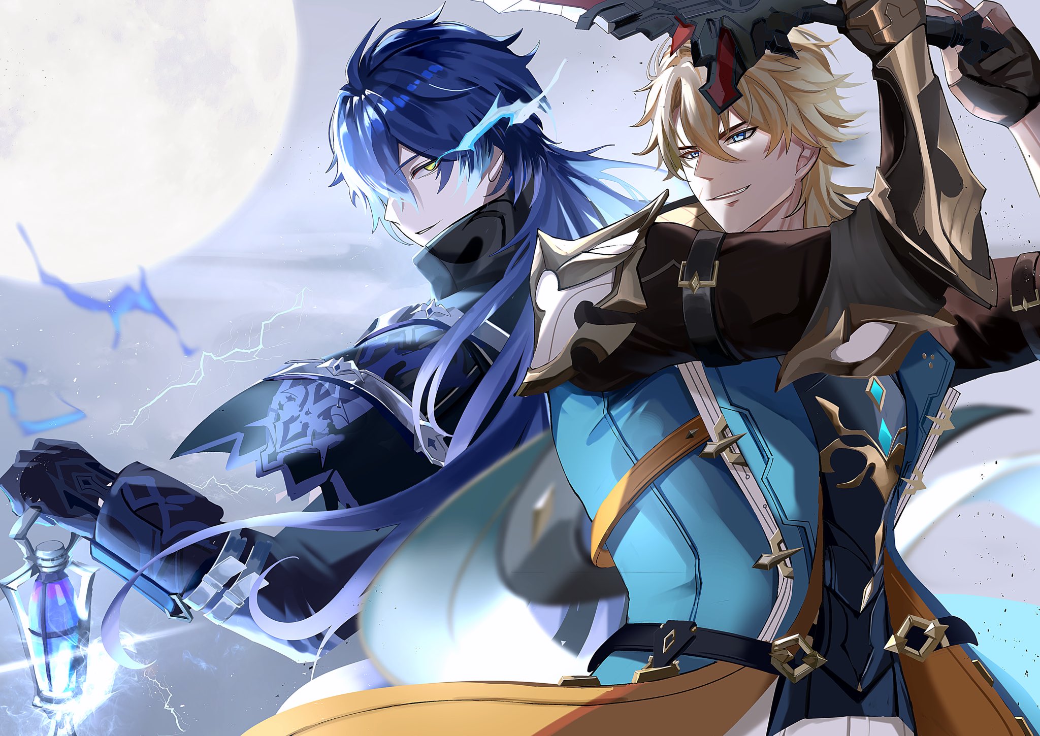 aice alice ice, flins (genshin impact), varka (genshin impact), genshin impact, highres, black gloves, blonde hair, blue eyes, fingerless gloves, full moon, gloves, holding, holding lantern, holding sword, holding weapon, lantern, looking at viewer, looking to the side, moon, smile, sword, teeth, weapon, yellow eyes