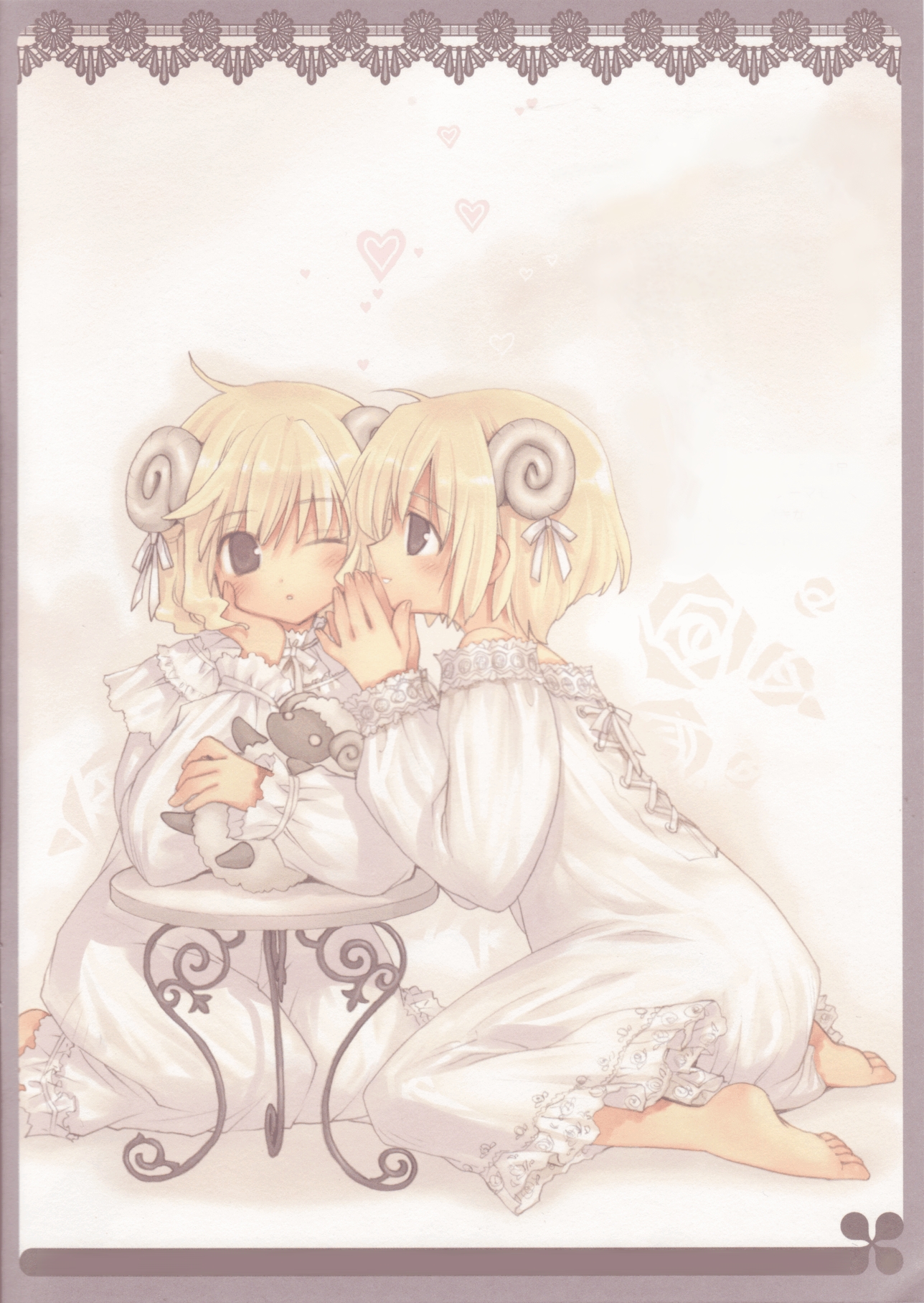 highres, 2girls, blonde hair, brown eyes, horns, multiple girls, pajamas, sheep, sheep horns, stuffed animal, stuffed sheep, stuffed toy, table