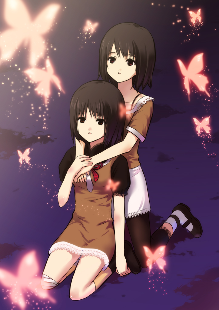 amakura mayu, amakura mio, fatal frame, fatal frame ii: crimson butterfly, 2girls, bug, butterfly, hug, multiple girls, siblings, sisters, twins