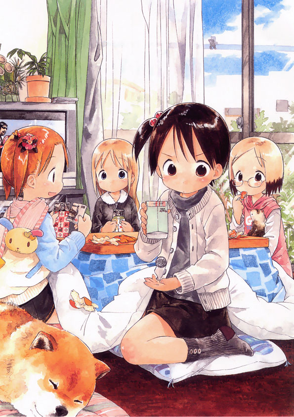barasui, ana coppola, itou chika, john, matsuoka miu, sakuragi matsuri, satake (ichigo mashimaro), ichigo mashimaro, sanrio, painting (medium), traditional media, watercolor (medium), 4girls, animal, black hair, blonde hair, child, curtains, dog, ferret, indoors, multiple girls, new year, orange hair, room, short hair, usahana