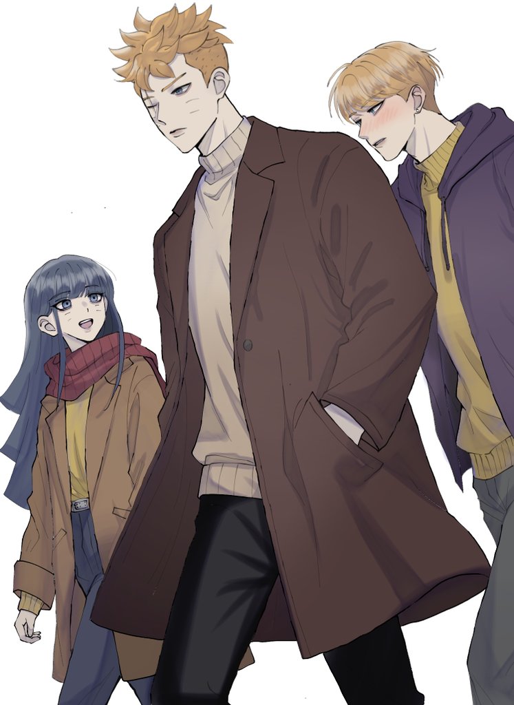 ifevilwhyuhot, uzumaki boruto, uzumaki himawari, yamanaka inojin, boruto: two blue vortex, naruto (series), 1girl, 2boys, black pants, blonde hair, blue eyes, blue hair, blush, brother and sister, brown coat, brown sweater, coat, facial mark, green skirt, grey pants, hands up, high-waist pants, hood, hoodie, long hair, multiple boys, one eye closed, pants, purple hoodie, red scarf, scar, scar across eye, scar on face, scarf, siblings, sidelocks, skirt, sleeves past wrists, sweater, turtleneck, turtleneck sweater, undercut, whisker markings