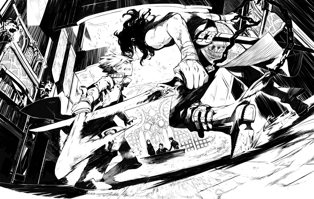 jimu kaji, kajimiya (kaji), original, bad id, bad pixiv id, 2boys, bandages, battle, chain, dutch angle, greyscale, high contrast, male focus, monochrome, multiple boys, scabbard, sheath, sword, weapon